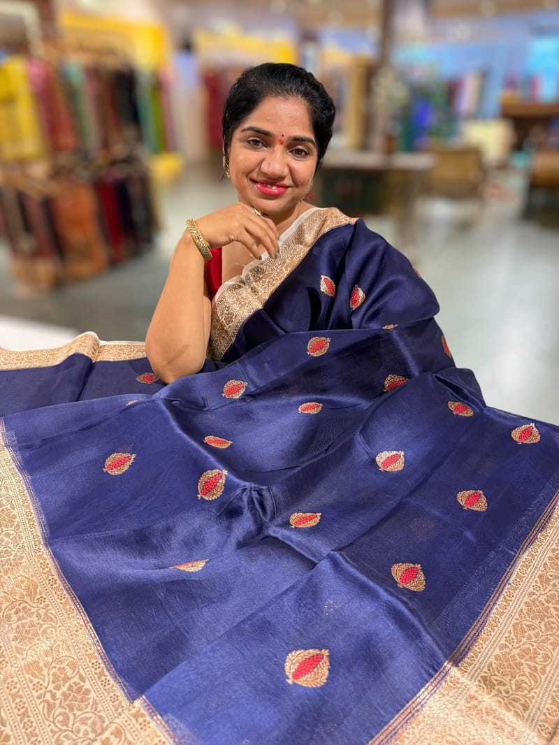 Navy & Beige Combo Kora Banarasi Saree with Meenakari Kaduwa woven motifs