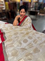 Half white Crepe Silk Polka dot Saree with sabhyasachi Borders & Blouse SS50584