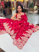 Red Pure Satin Saree with Heavy zardosi handwork