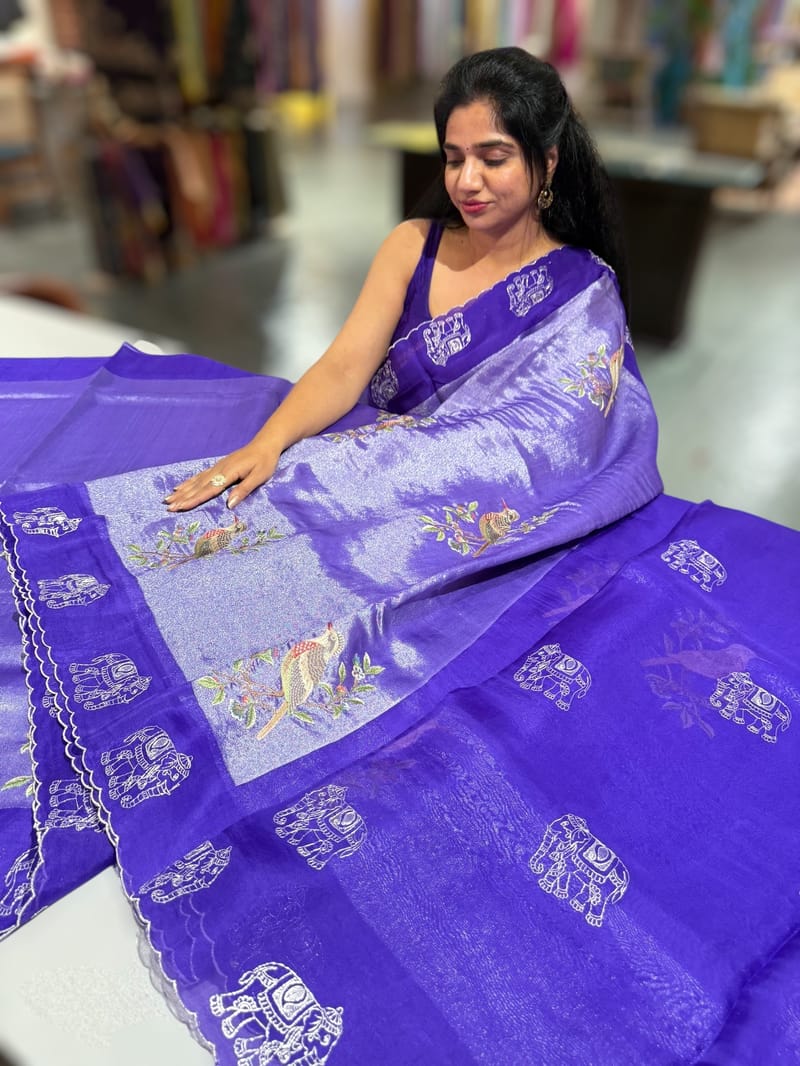 Purple Premium Handloom Designer Tissue saree with exquisite embroidery