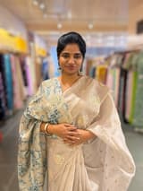 Silverish Tone Pure Organza Saree With Embroidered Motifs & Tussar Printed Blouse SS50300