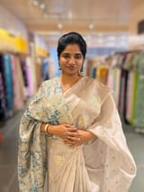 Silverish Tone Pure Organza Saree With Embroidered Motifs & Tussar Printed Blouse SS50300