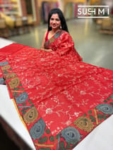 Bright Red Silk kota and pen kalamkari fusion saree with pita emb