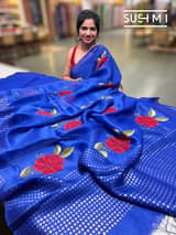 Royal Blue Muslin Saree with Pocket Sequins & Hibiscus Embroidery