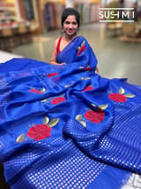 Royal Blue Muslin Saree with Pocket Sequins & Hibiscus Embroidery