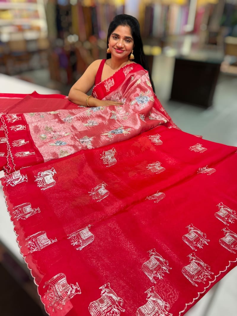 Red Premium Handloom Designer Tissue saree with exquisite embroidery SS50232