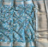 Powder Blue Banarasi Chiniya Silk 3-pc Suit set : SS62J02