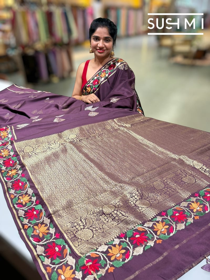 Wine mysore silk with embroidered border S62F114