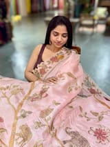 Blush Pink Pure Organza Applique Work Saree