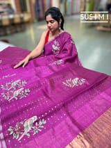 Majenta muslin tissue stripes saree with hibuscus emb