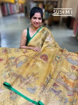 Golden Yellow Banarasi printed Tissue saree with handwork S62F056