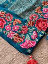Peacock Blue Mysore Silk Saree with petitepoint embroidery S62111