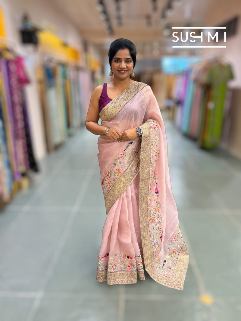 Dusty Pink Organza Banarasi Fusion Saree with Bird Appliqué