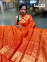 Vibrant Orange Vaira Oosi stripes Vintage kanjeevaram Saree
