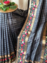 Black Vintage checks Kanjeevaram soft silk saree with embroidery D62F042