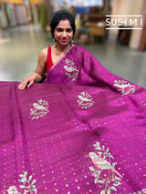 Majenta muslin tissue stripes saree with hibuscus emb