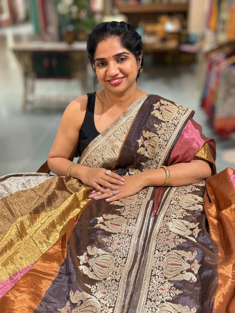 Multi color chanderi Tissue saree with peacock embroidered border SS50239