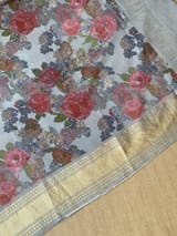 Dusty Blue Pure Handloom Chiniya Silk Saree with stunning Floral Print and zari borders SS50103
