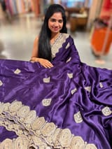 Dark Brinjal Color Pure Satin Saree with Heavy Handwork SS50617