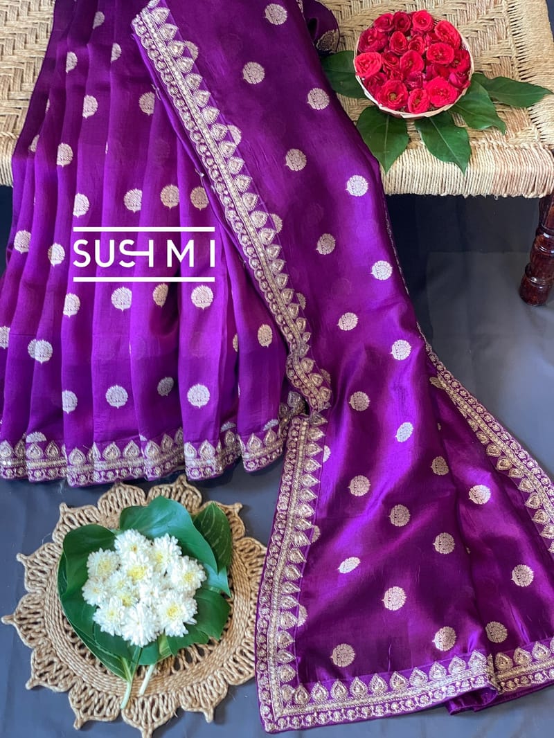 Purple Banarasi Silk Saree with Handwork D62F001