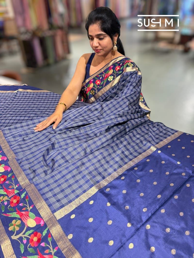 Midnight Blue Vintage checks Kanjeevaram soft silk saree with embroidery D62F040