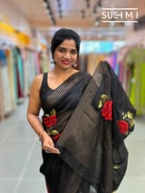 Black Muslin Saree with Pocket Sequins & Hibiscus Embroidery