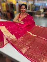 Ruby Pink Premium Kora Banarasi Saree with heavy weaving borders