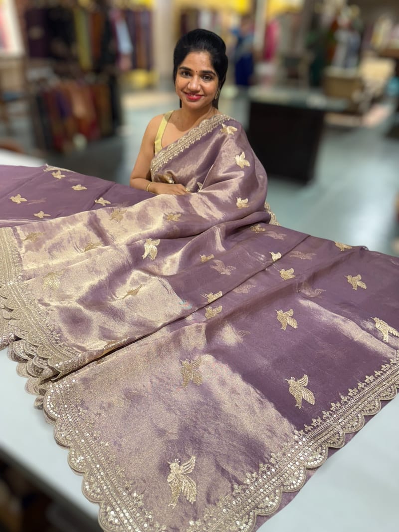 Purple  Handloom Tissue Saree with Embroidery