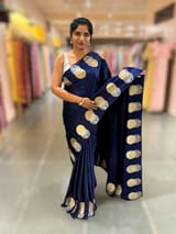 Midnight Blue Pure Satin Saree with embroidered border and blouse