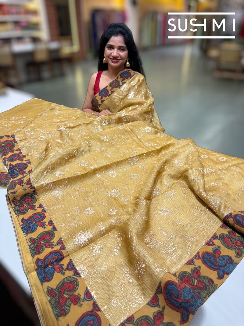 Light mustard Silk kota and pen kalamkari fusion saree with pita emb