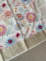 Ivory Pure Handloom Chiniya Silk Saree with stunning Floral Print and zari borders SS5099