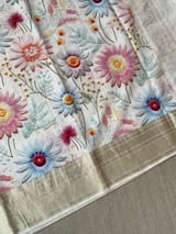 Ivory Pure Handloom Chiniya Silk Saree with stunning Floral Print and zari borders SS5099