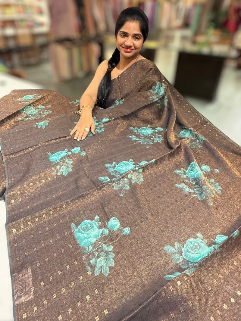 Darkest Brown Printed Tussar Tissue Saree