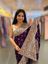 Brinjal Pure Mashru Satin Saree with embroidery