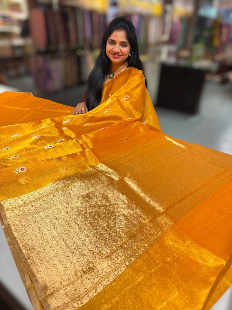 Orange Handloom Banarasi Tissue with meenakari sona rupa flower motifs