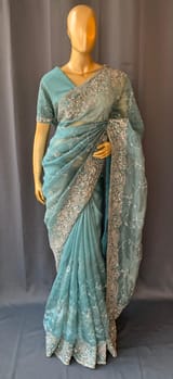 Peacock Blue Pure Organza heavy allover Handwork Saree