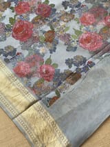 Dusty Blue Pure Handloom Chiniya Silk Saree with stunning Floral Print and zari borders SS50103