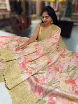 Baby Pink Banarasi Munga Printed Tussar Khaddi With Tissue cutwork Rose Border SS50464