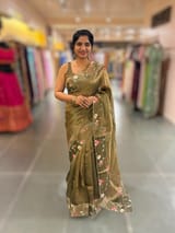 Mehendi Pure Tissue Saree with embroidered border