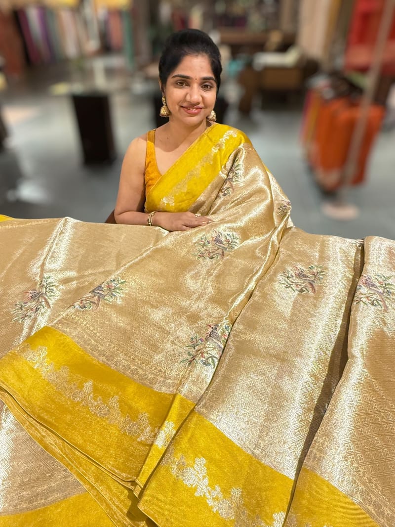 Lemon  Banarasi Brocade Tissue with embroidery