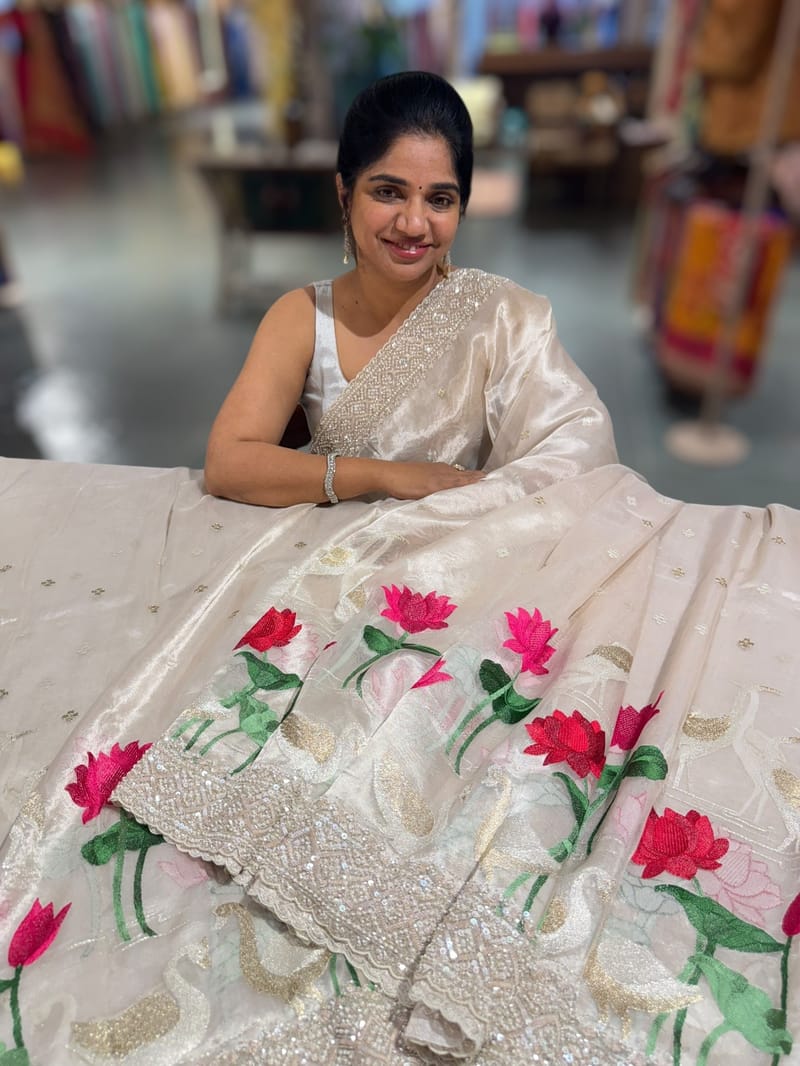 Silver Tissue Designer Saree with heavy handwork and embroidery SS50241