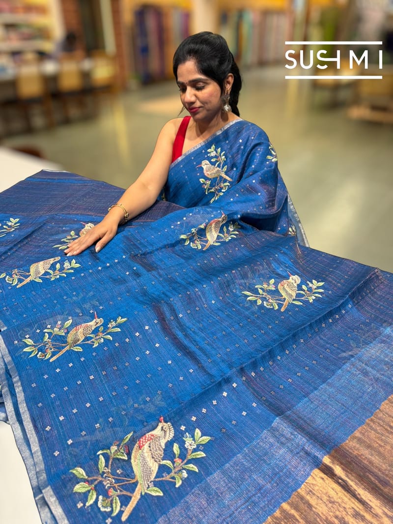 Indigo Blue muslin tissue stripes saree with bird emb