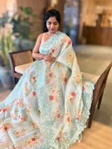 SeaBlue Printed Organza Saree With Chantilly Lace Style Embroidered Border SS50318