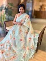 SeaBlue Printed Organza Saree With Chantilly Lace Style Embroidered Border SS50318