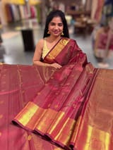 Burgundy Vaira Oosi Checks Vintage Kanjeevaram Saree in monotone look