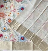 Ivory Pure Handloom Chiniya Silk Saree with stunning Floral Print and zari borders SS5099