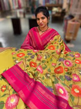 Lemon Yellow Tissue Gorgette Fusion Saree with vidarbha Borders