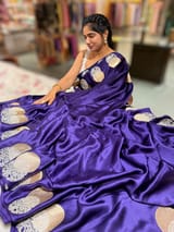 Brinjal Pure Satin Saree with embroidered border and blouse SS5022