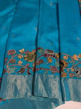 Copper sulphate chanderi silk saree with kalamkari applique border SS50531