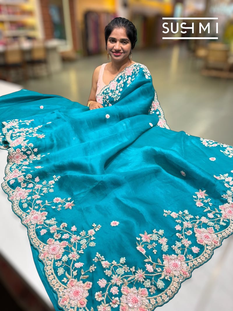 Peacock Green Pure Organza heavy handwork saree